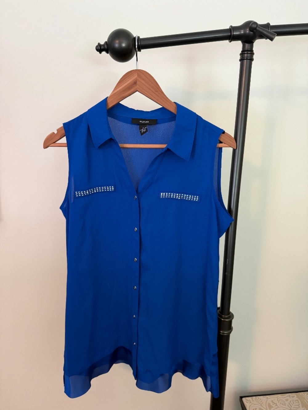 Alfani Royal Blue Sleeveless Studded Sheer Accent Button Down Blouse